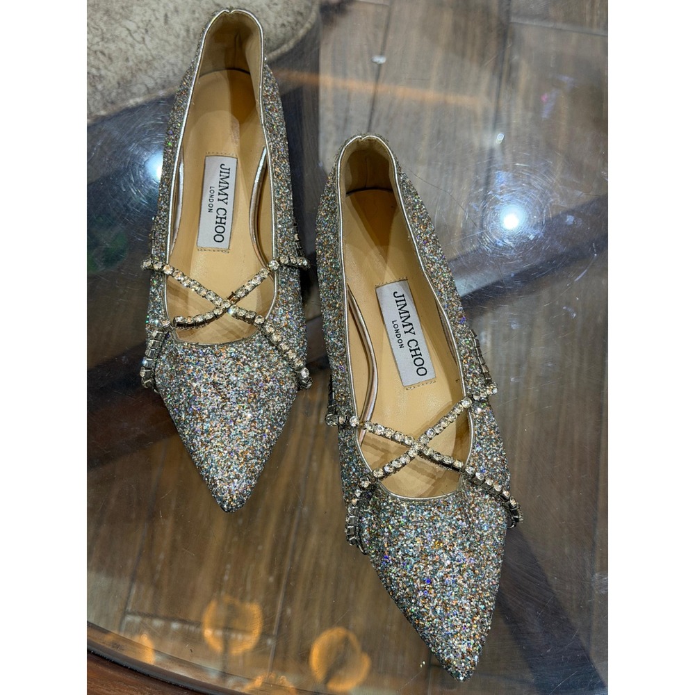 Jimmy Choo Genevi Flat Silver Multi Glitter Crystal Crisscross Pointed Toe Shoes